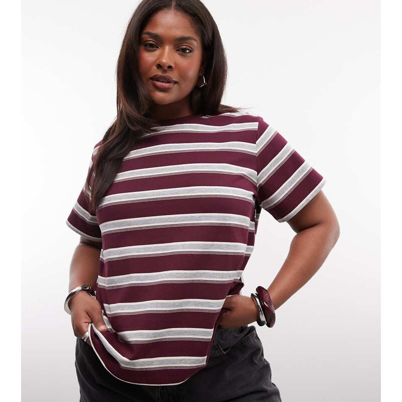 Noisy May Curve boxy fit t-shirt in burgundy and cream stripe-Red 115184560