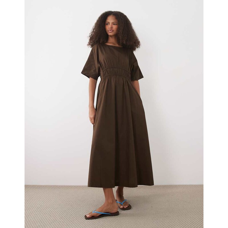 Threadbare cotton poplin short sleeve midi dress in chocolate