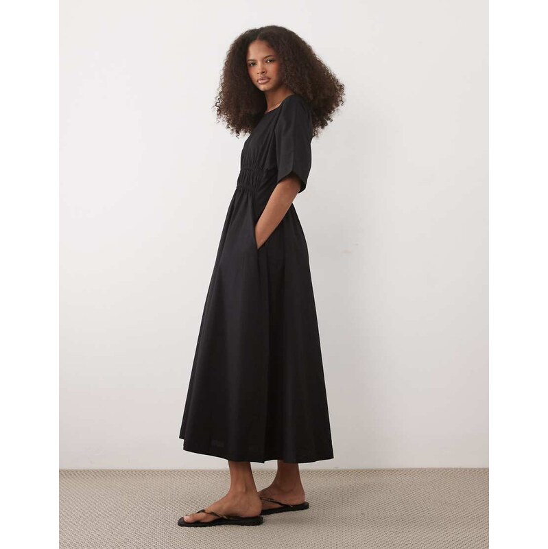 Threadbare cotton poplin short sleeve midi dress in black 115515726