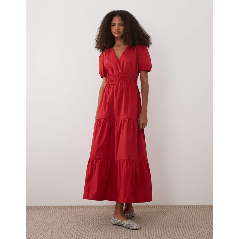 Threadbare cotton poplin v-neck puff sleeve tiered midi dress in