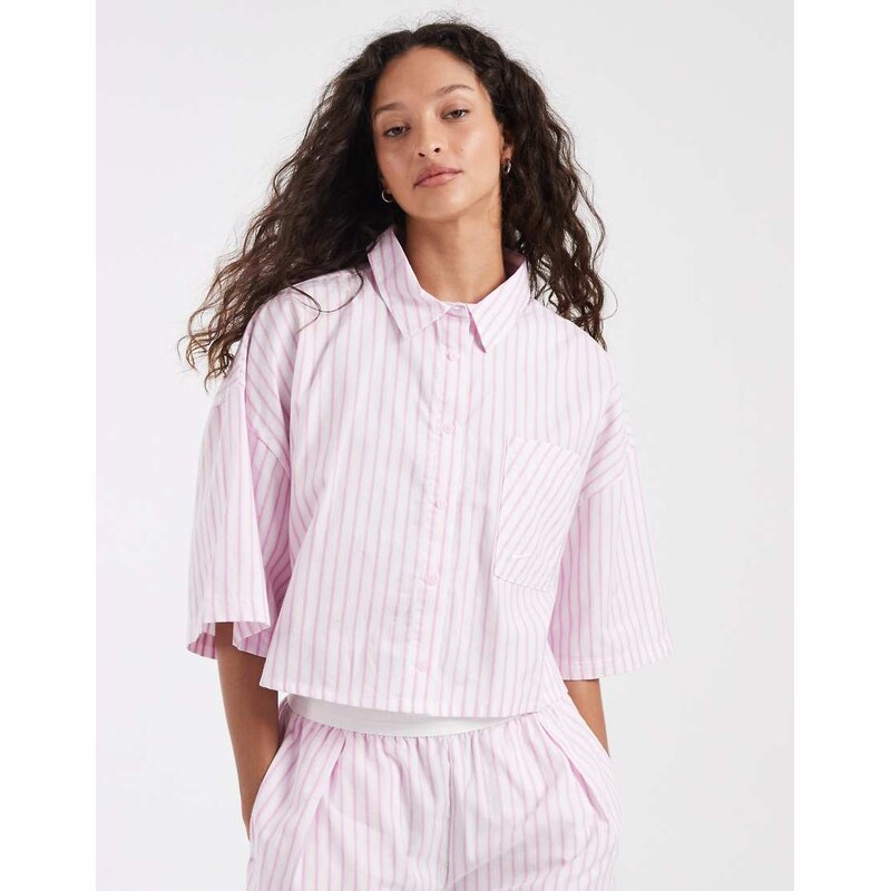 Nike Stripe poplin cropped shirt in pink and white
