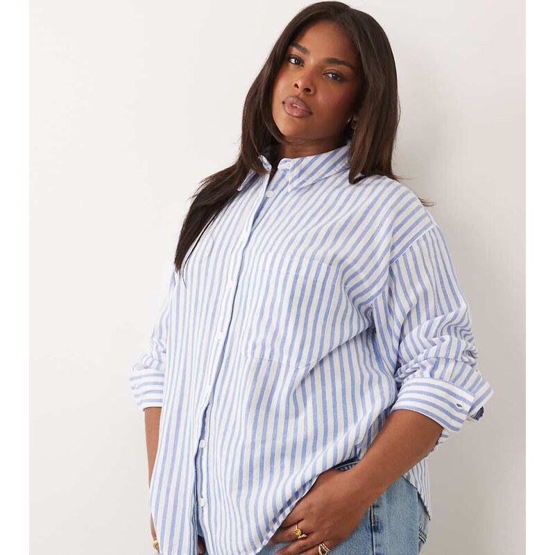 ASOS Curve ASOS DESIGN Curve oversized linen blend shirt in blue 115517483