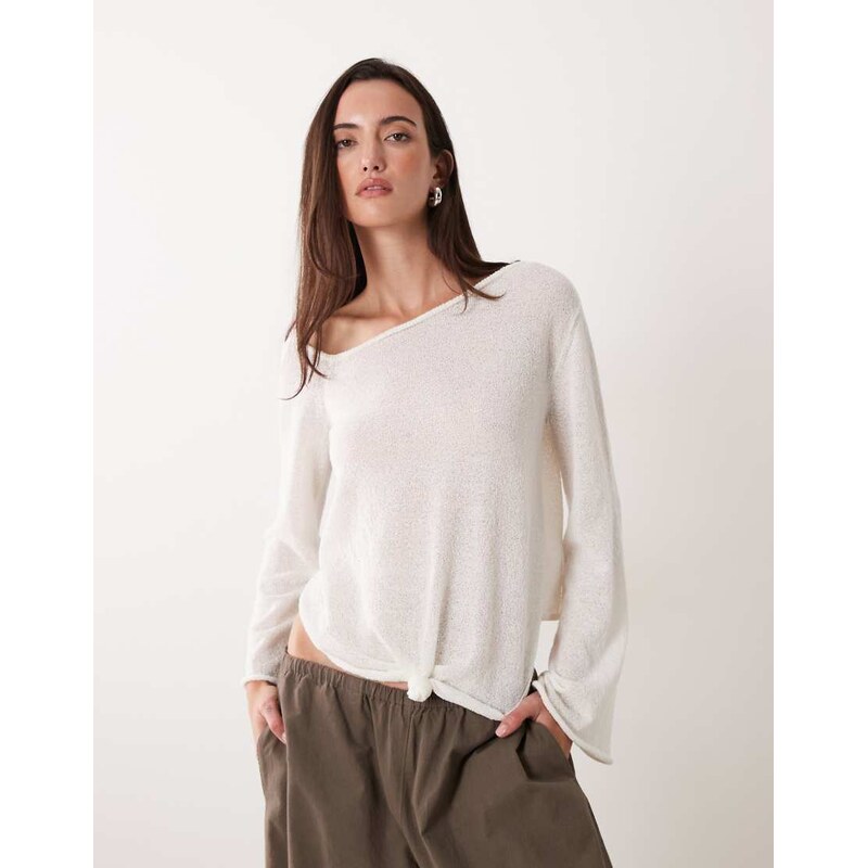Miss Selfridge sheer knit knot detail long sleeve top in cream-White 115517661