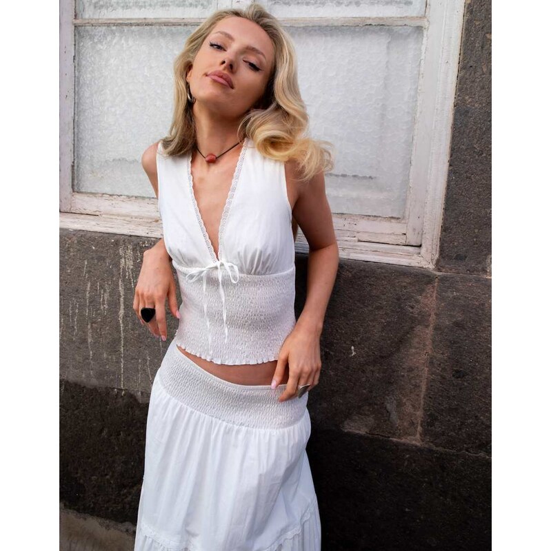 Daisy Street x Emma Jean v neck shirred top in white broderie co-ord 115188446