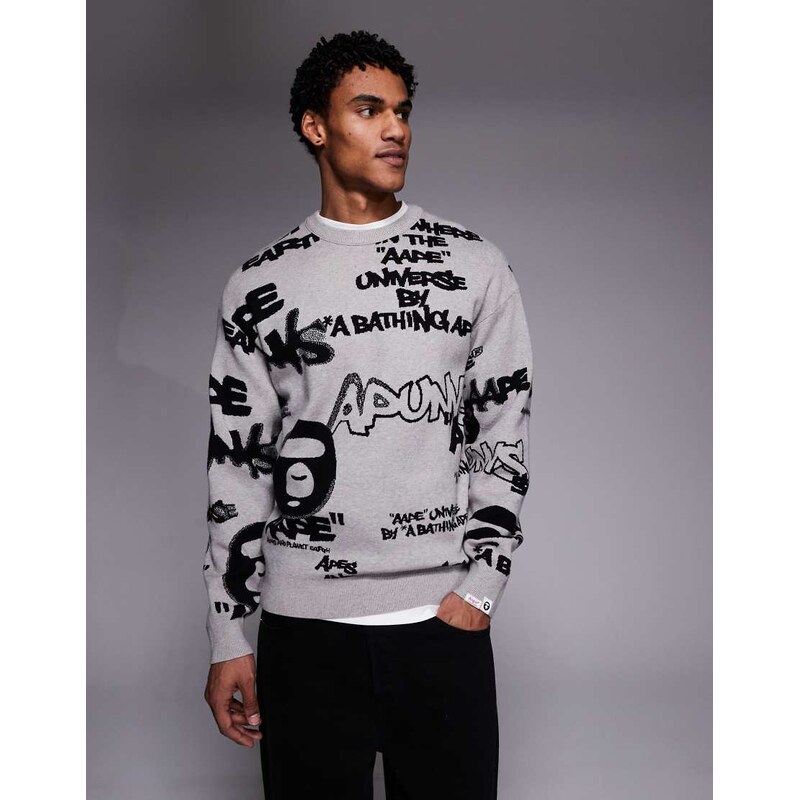 Aape by A Bathing Ape knitted jumper in grey with all over graffiti 115188508
