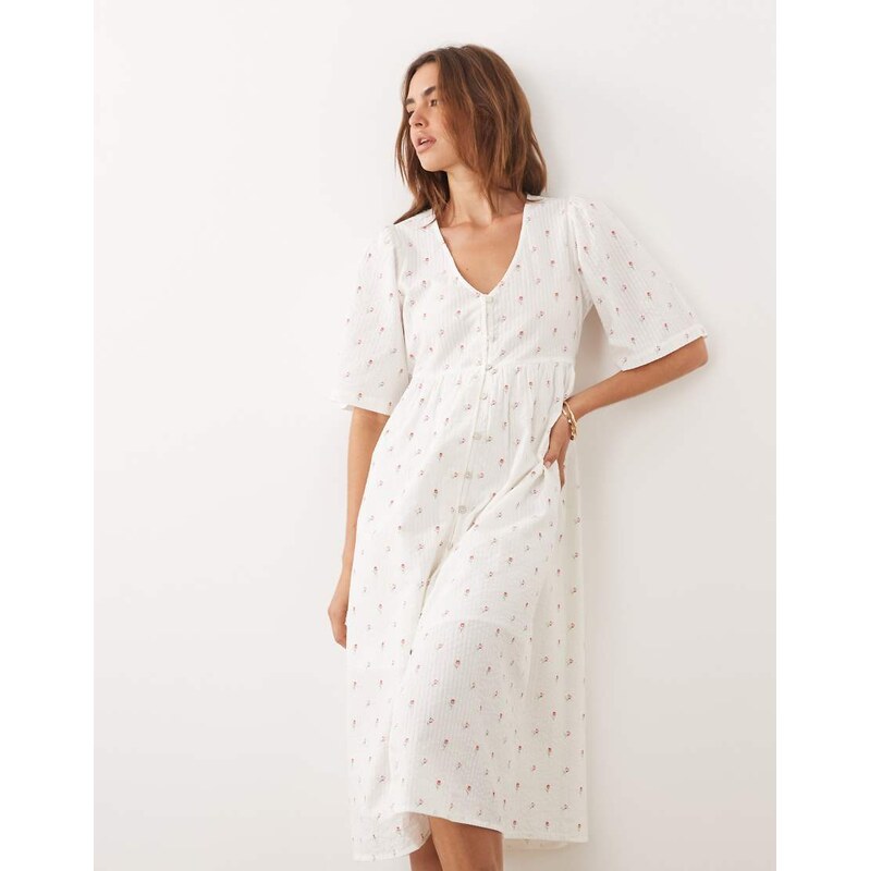 JDY v neck button down midi dress in cream with red ditsy print