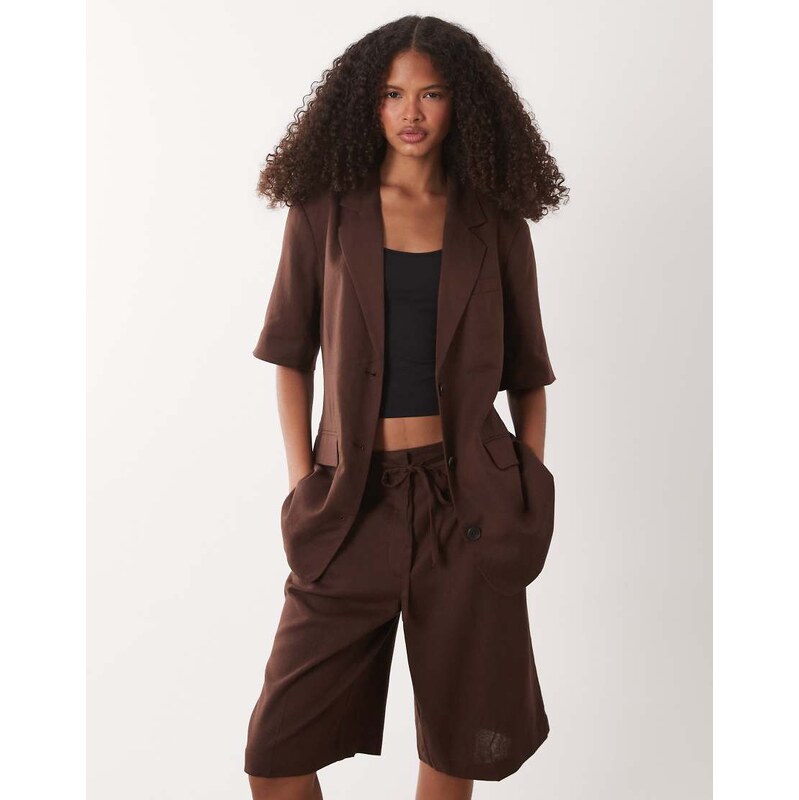 JDY tailored short sleeve linen blend blazer co-ord in brown 115188542