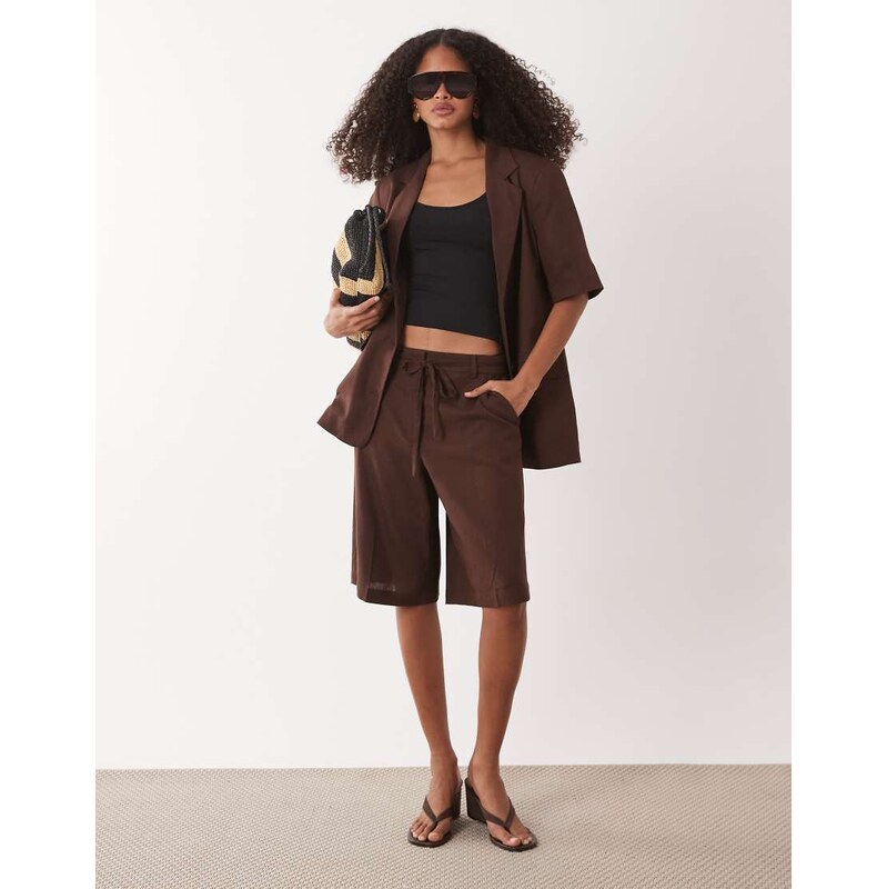 JDY tailored linen blend bermuda co-ord in brown
