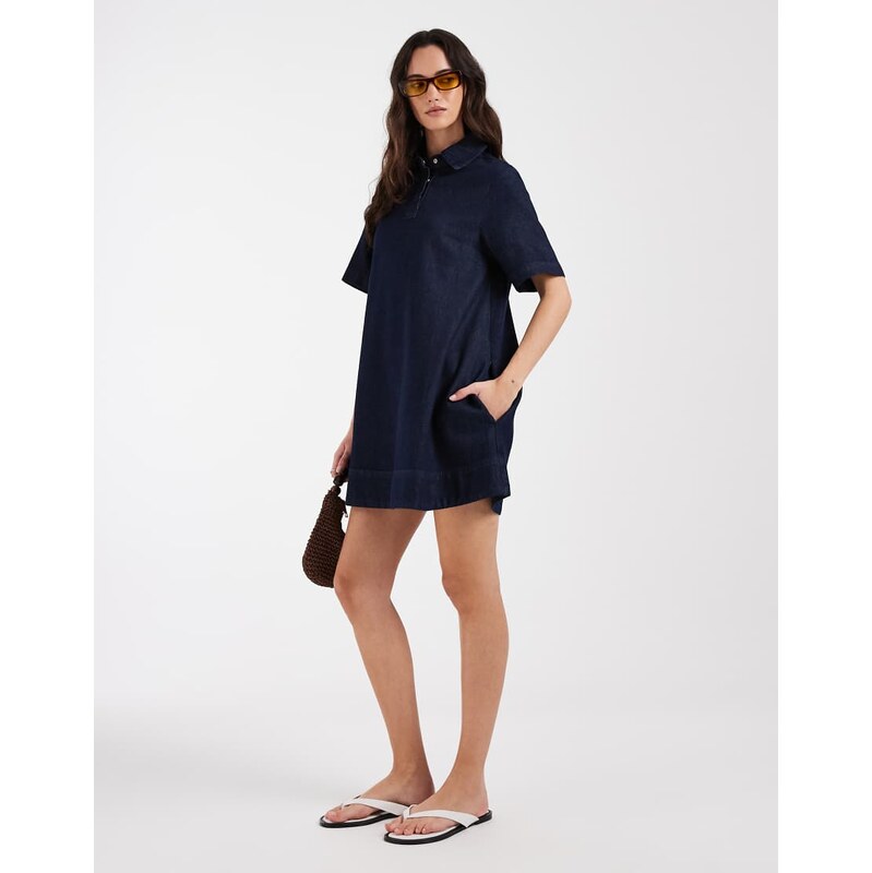 ASOS DESIGN denim swing polo shirt dress in rinse-Navy
