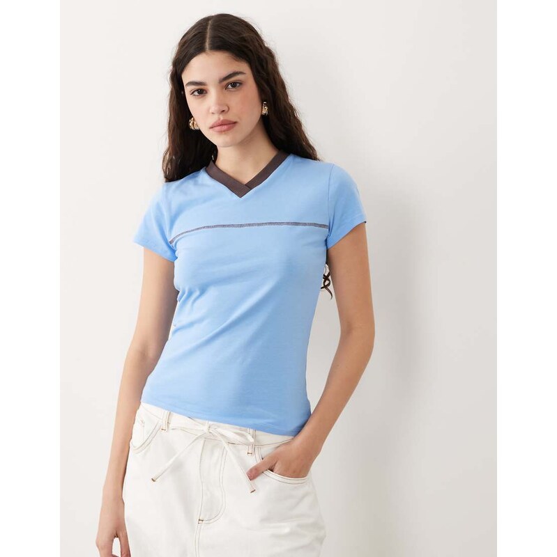 ASOS DESIGN v neck baby tee with contrast neck band in baby blue