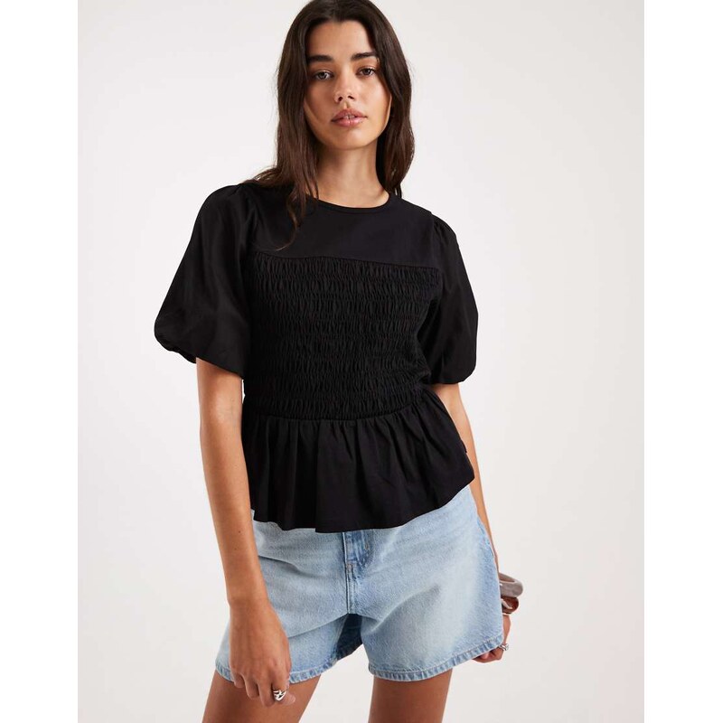 Threadbare jersey puff sleeve peplum top with shirring in black