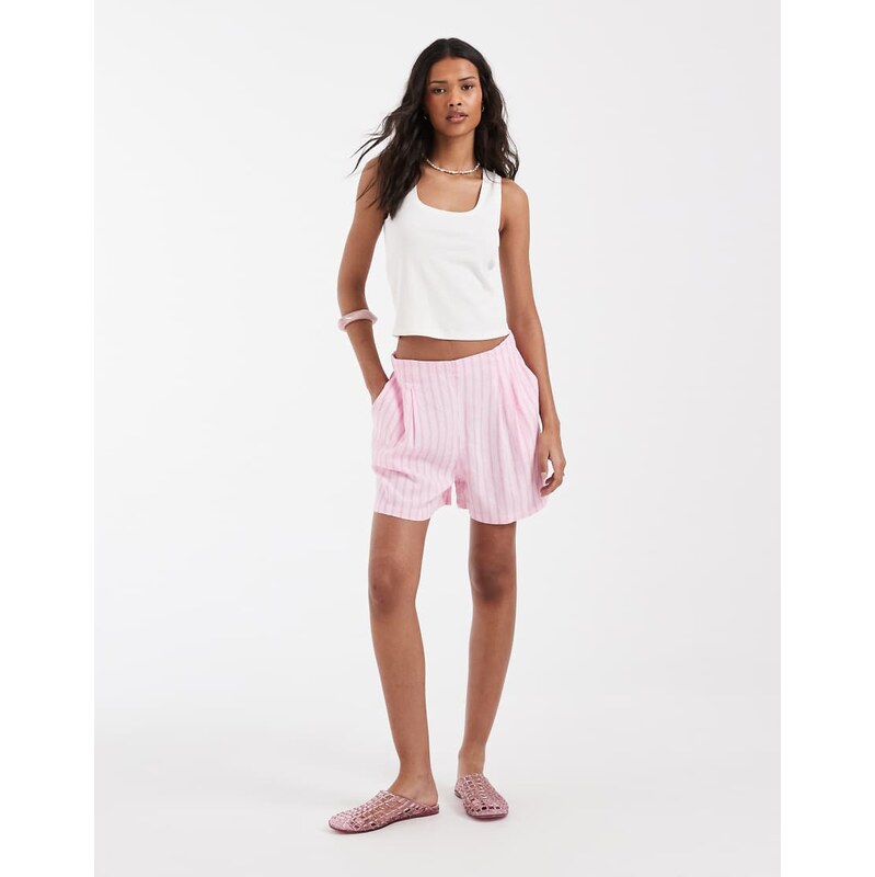 JJXX linen blend stripe shorts in pink 115220547