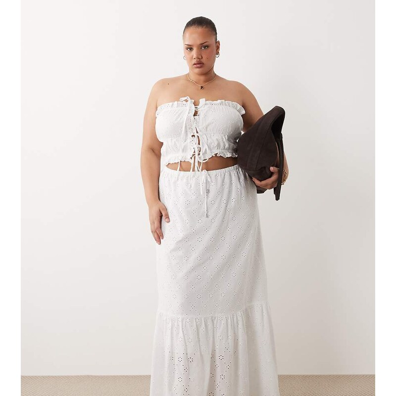 Esmee Curve tie front maxi broderie beach skirt in white