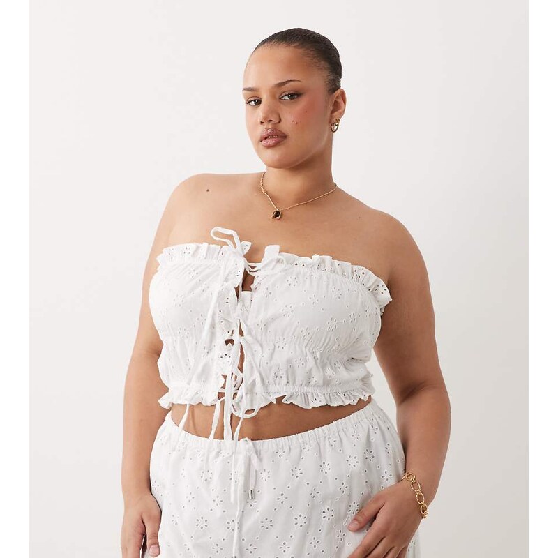 Esmee Curve tie front bandeau broderie crop top in white