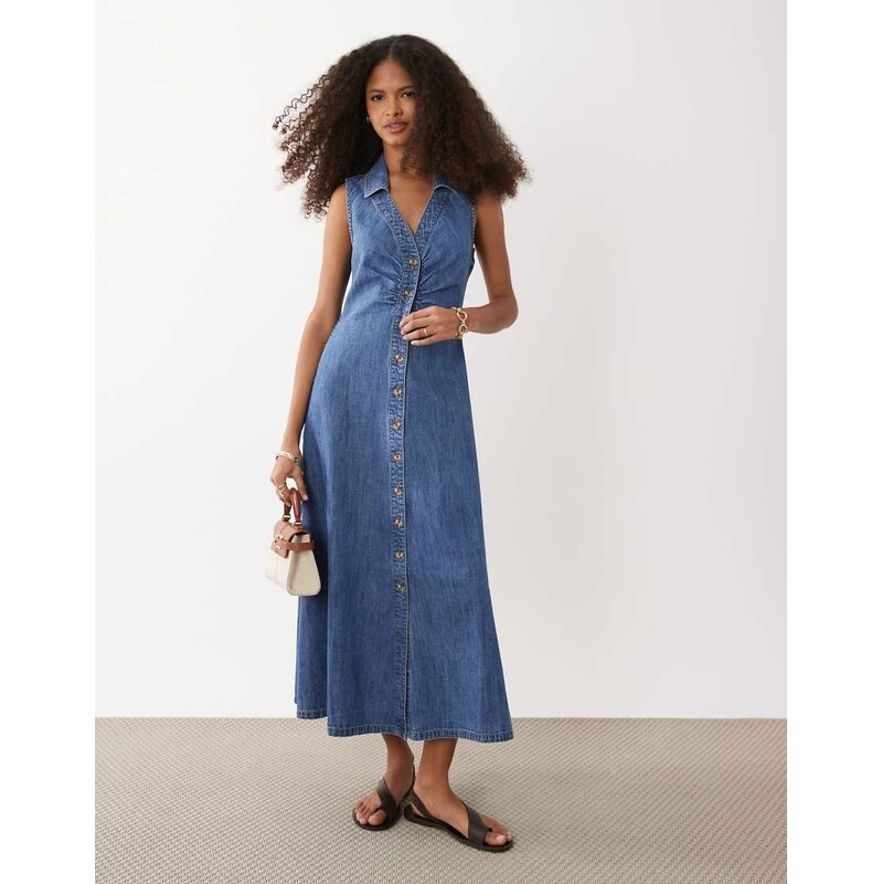 New Look sleeveless ruched denim midi dress in mid blue