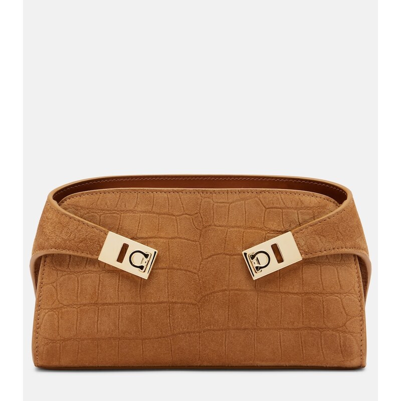 Ferragamo Hug Mini croc-effect suede clutch