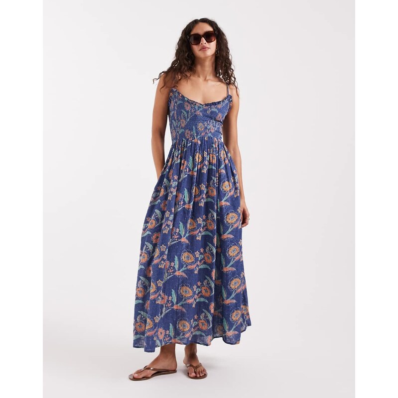 Free People ciella printed midi dress in blue floral combo-Multi