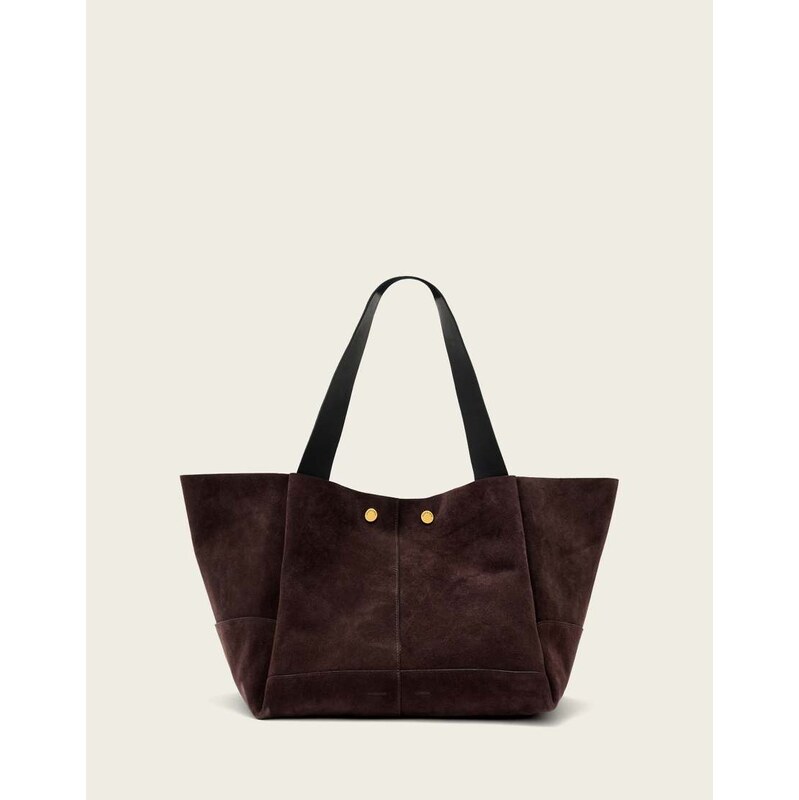 AllSaints Rosalie suede leather tote bag in dark brown