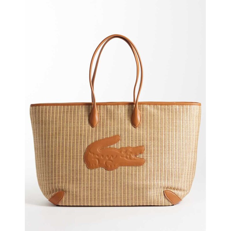 Lacoste rattan croc logo tote bag in natural tan-Brown 115195271