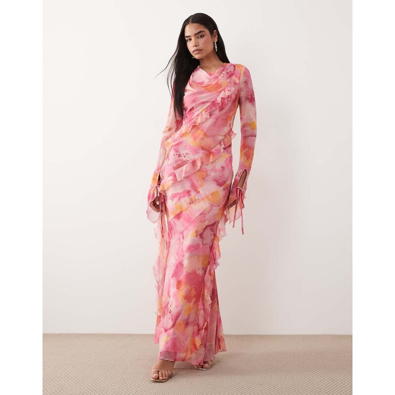 Daska chiffon ruffle maxi dress in pink abstract floral print-Multi 115522894