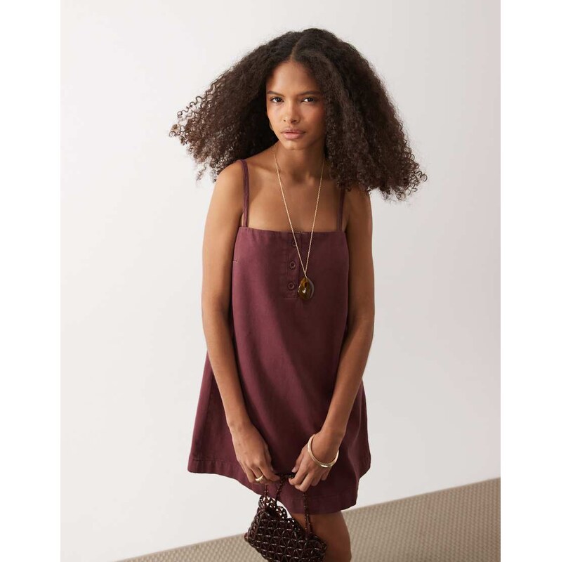 ASOS DESIGN denim cami mini dress with button detail in burgundy