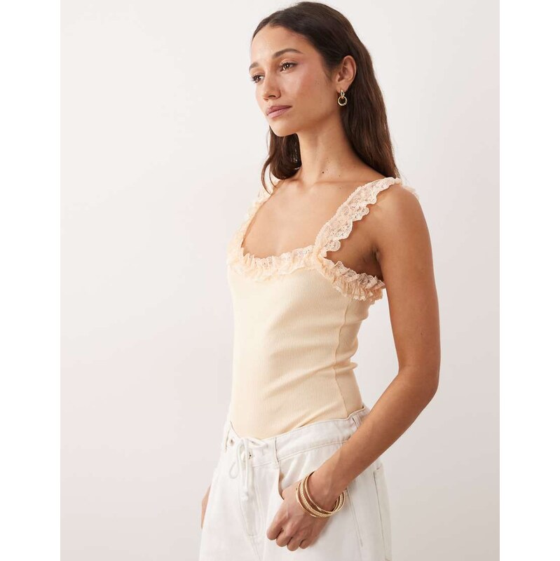Miss Selfridge ribbed bodysuit with lace ruffle detail in peach-Orange 115523137