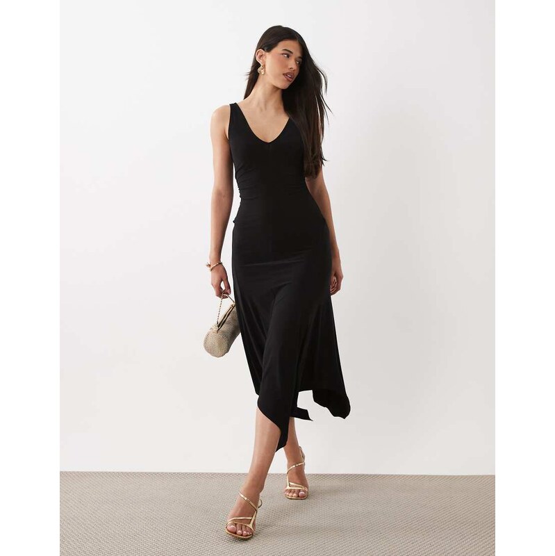 ASOS DESIGN v neck hanky hem soft slinky midi dress in black
