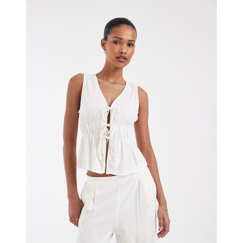JJXX co-ord linen blend tie up front top in white 115591532