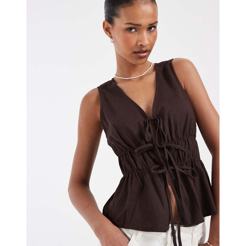 JJXX linen blend tie up front top in brown