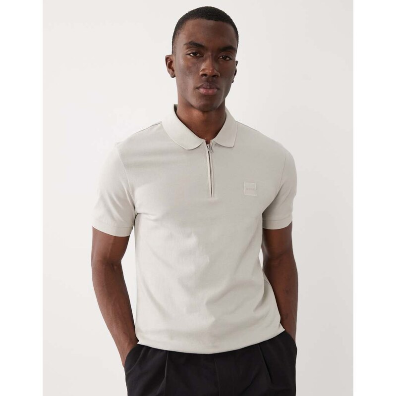 BOSS Orange passerzip pique polo shirt in mid grey