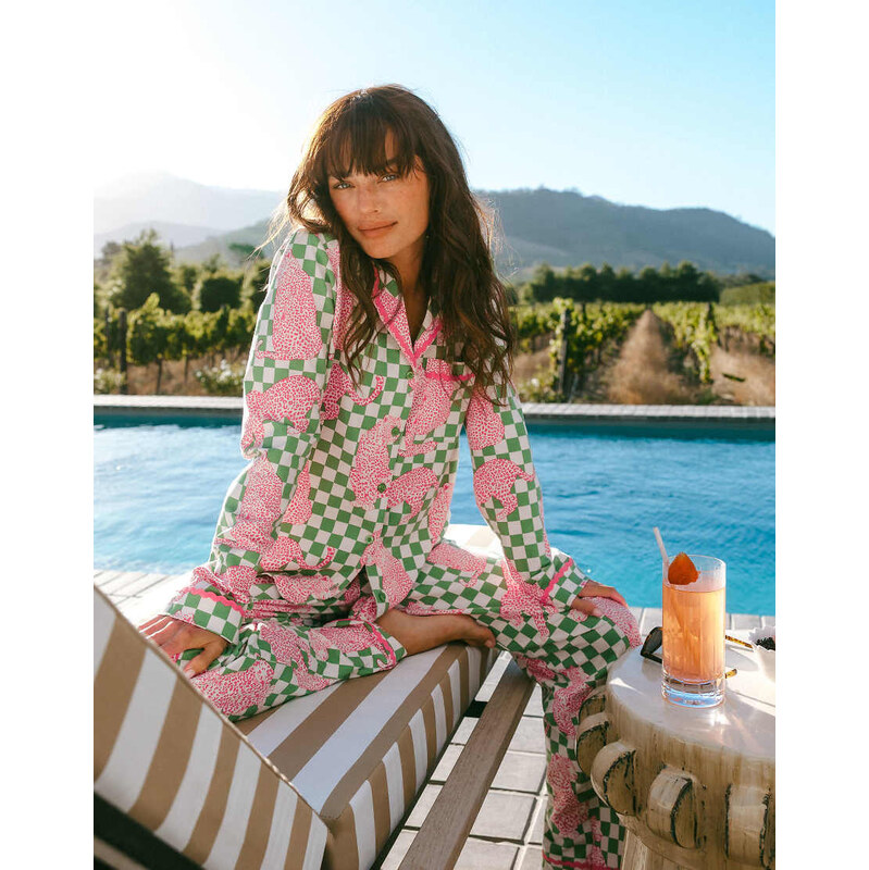 Chelsea Peers leopard jersey revere pyjama set in green checkerboard 115217559