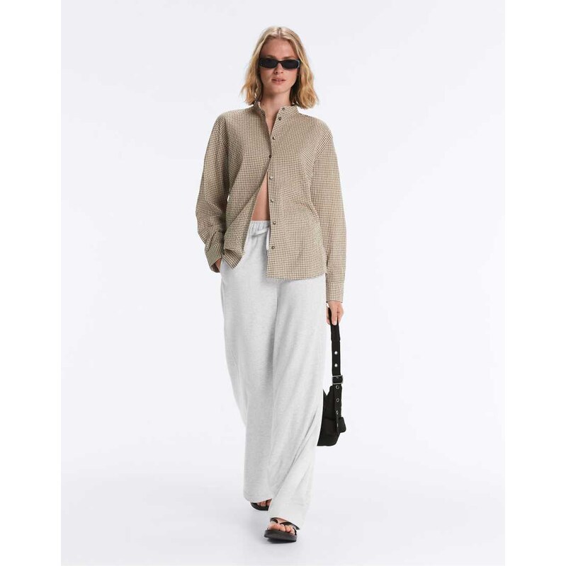 OYSHO Checked cotton blend stand-up collar shirt in beige