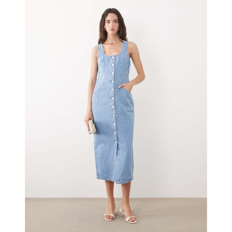 Nobodys Child denim button down fitted midi dress in light wash