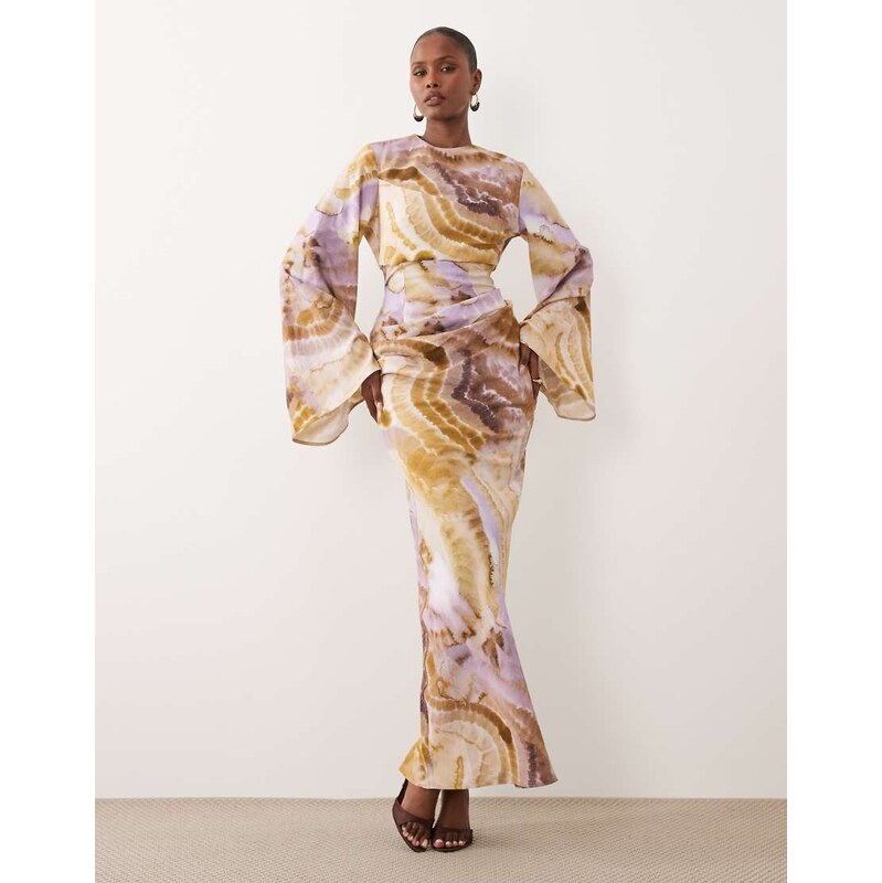 ASOS DESIGN long sleeve waisted maxi dress in abstract print