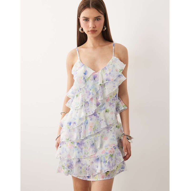 Vila ruffle cami mini dress in white floral print