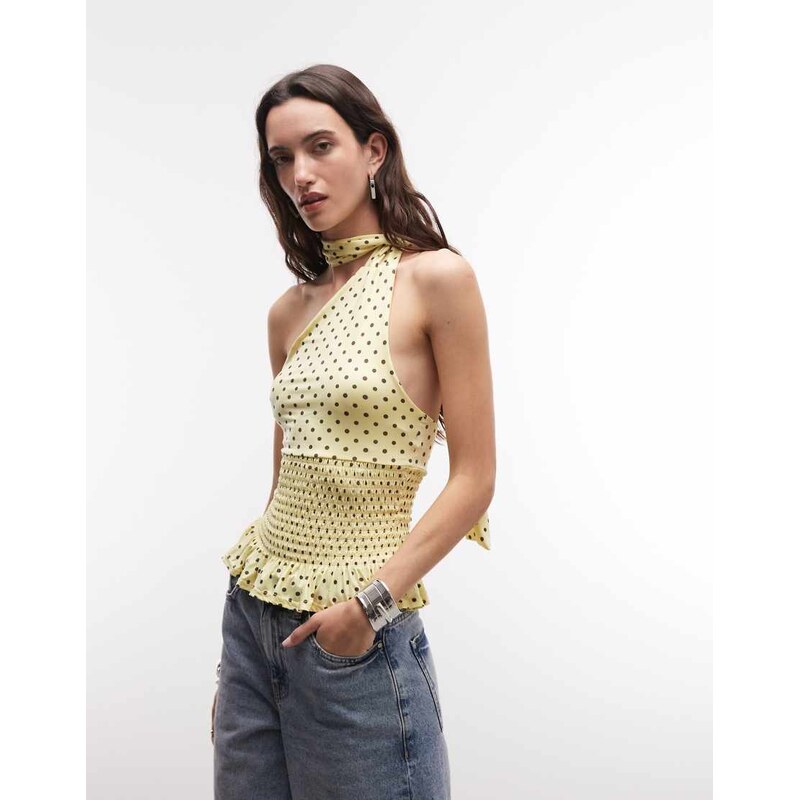 Daisy Street shirred scarf halter top in yellow polka dot