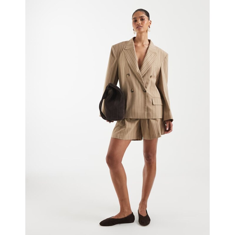 ASOS DESIGN oversized mensy blazer in beige pinstripe-Brown