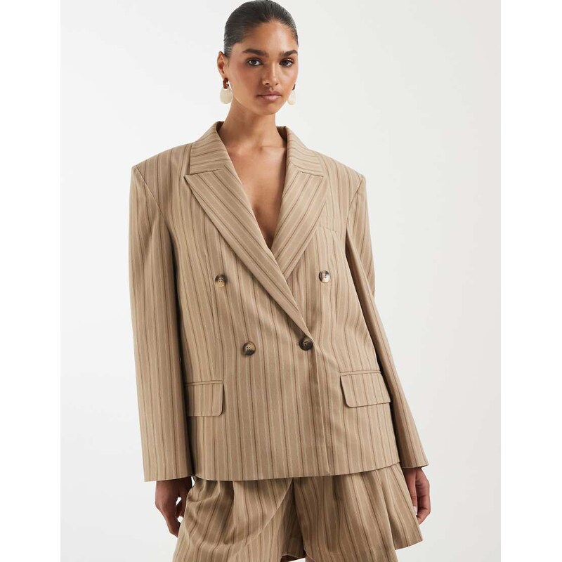ASOS DESIGN oversized mensy blazer in beige pinstripe-Brown