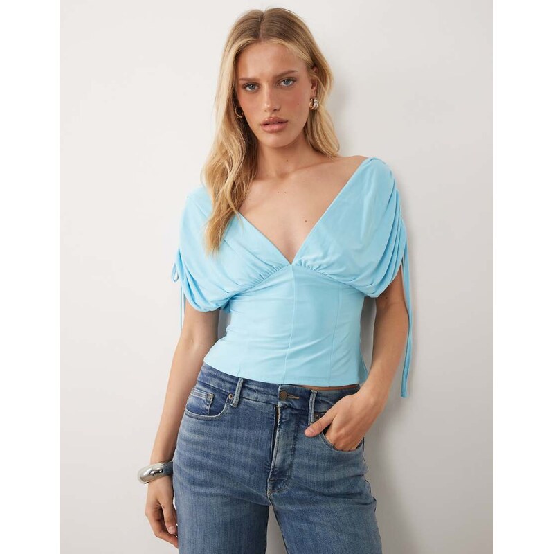 ASOS DESIGN deep ruched off the shoulder top in blue