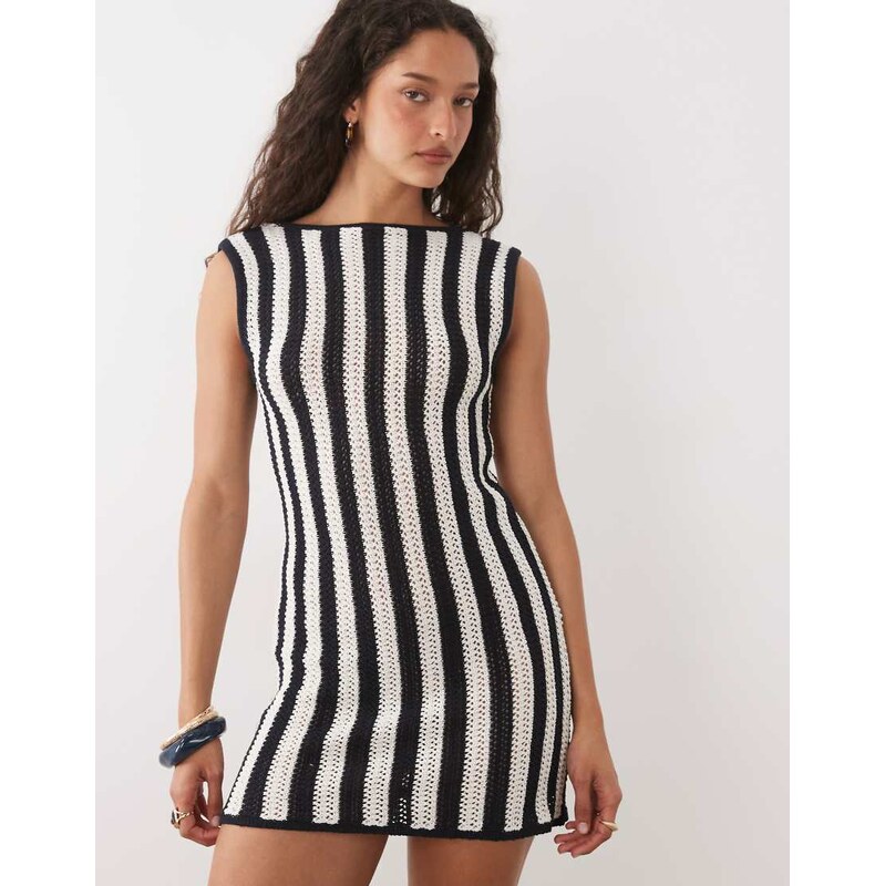 ASOS DESIGN crochet knit cotton blend shift dress in mono stripe-Multi
