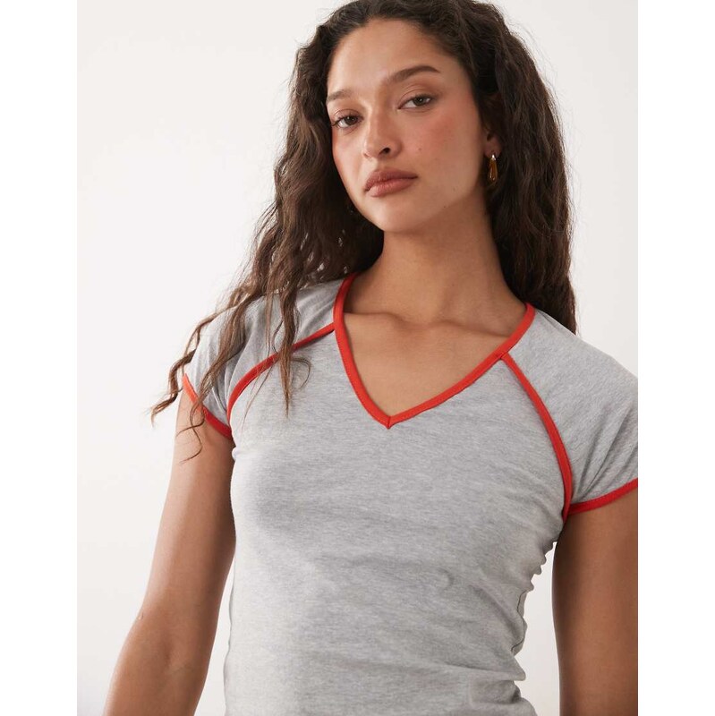 ASOS DESIGN v neck raglan sleeve top in grey with red contrast