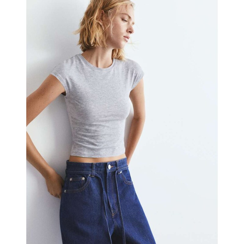 Pull&Bear Fitted t-shirt with full sleeves in grey marl