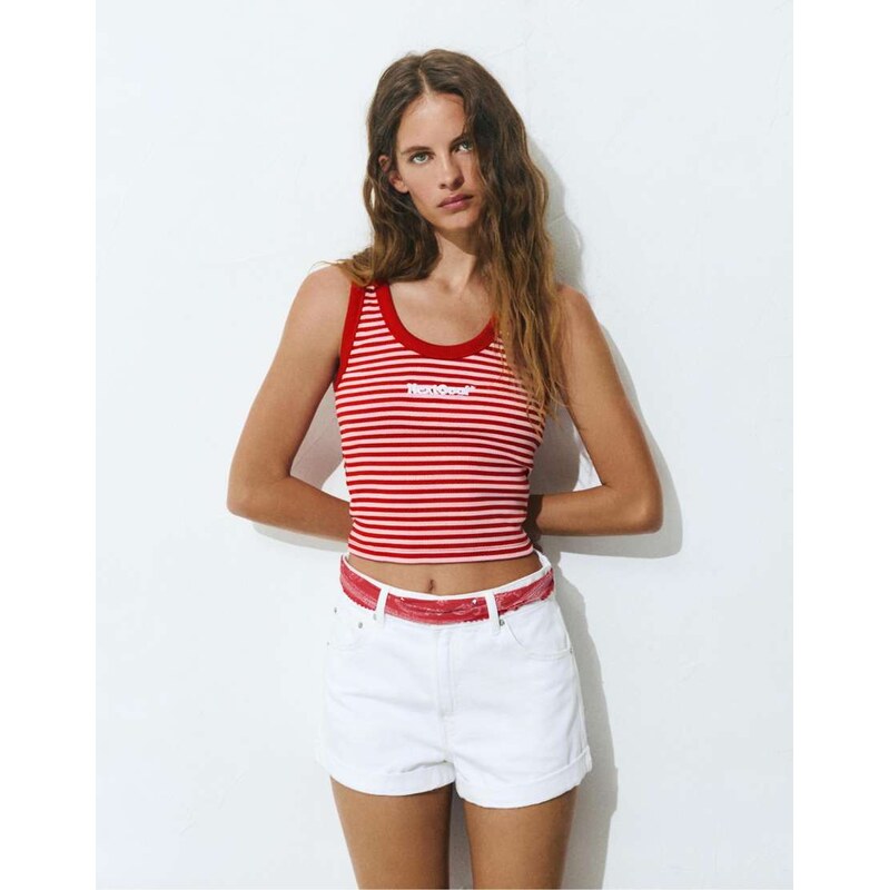 Pull&Bear Striped embroidered tank top in red 115217846