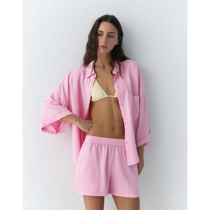 Pull&Bear Rustic linen blend shirt in pink 115217854