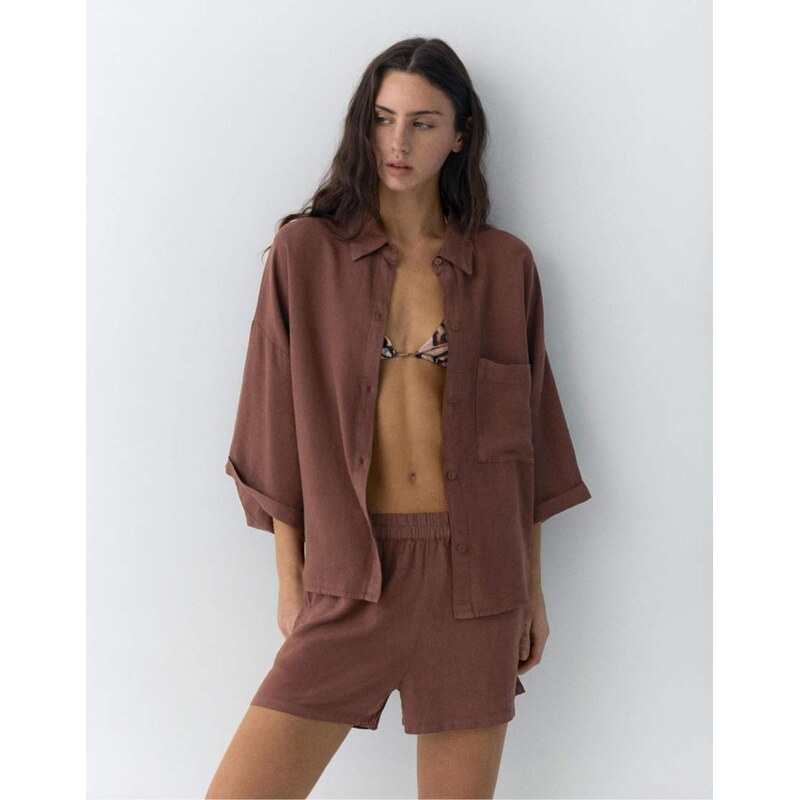 Pull&Bear Rustic linen blend shirt in brown