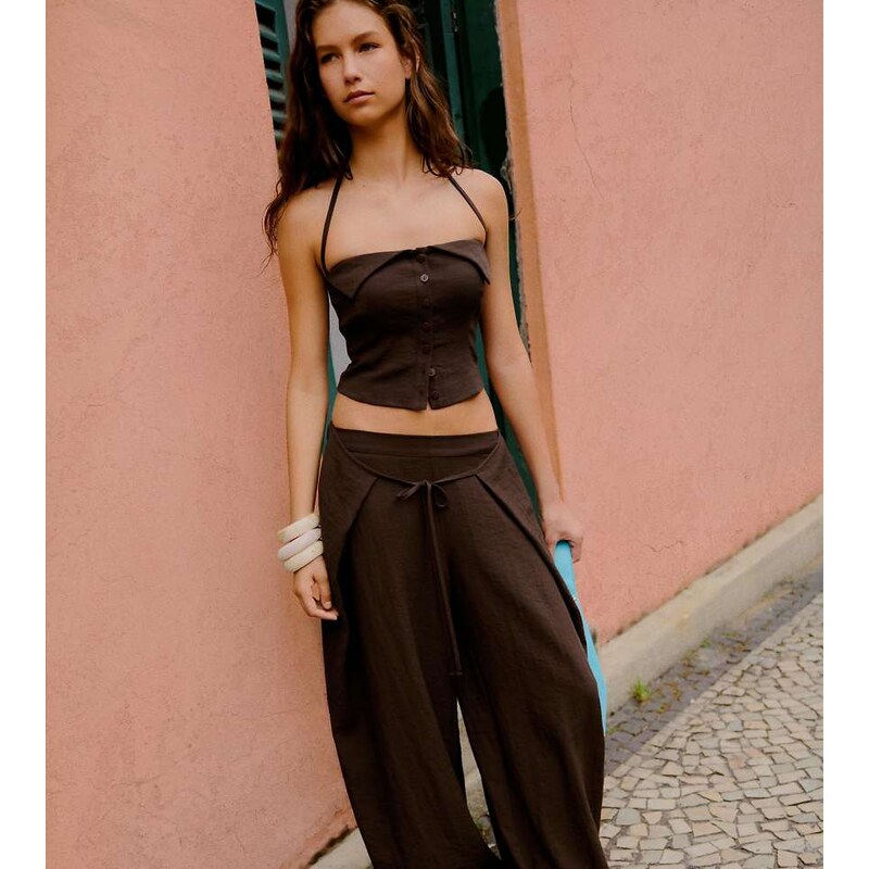 Bershka Petite wide-leg rustic pleated trousers in brown