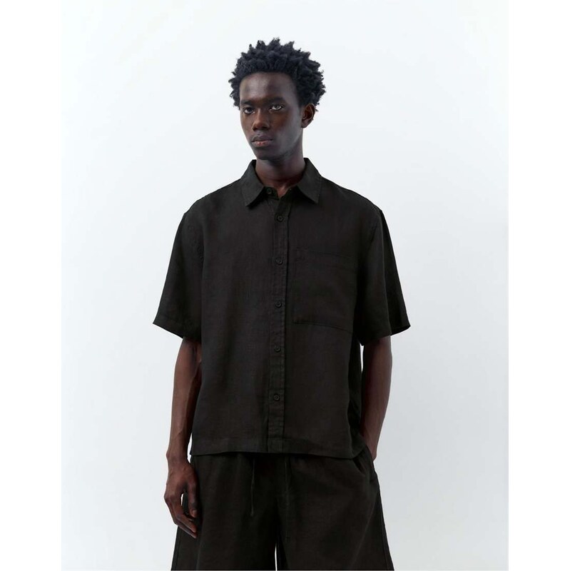 Pull&Bear 100% linen short sleeve shirt in black