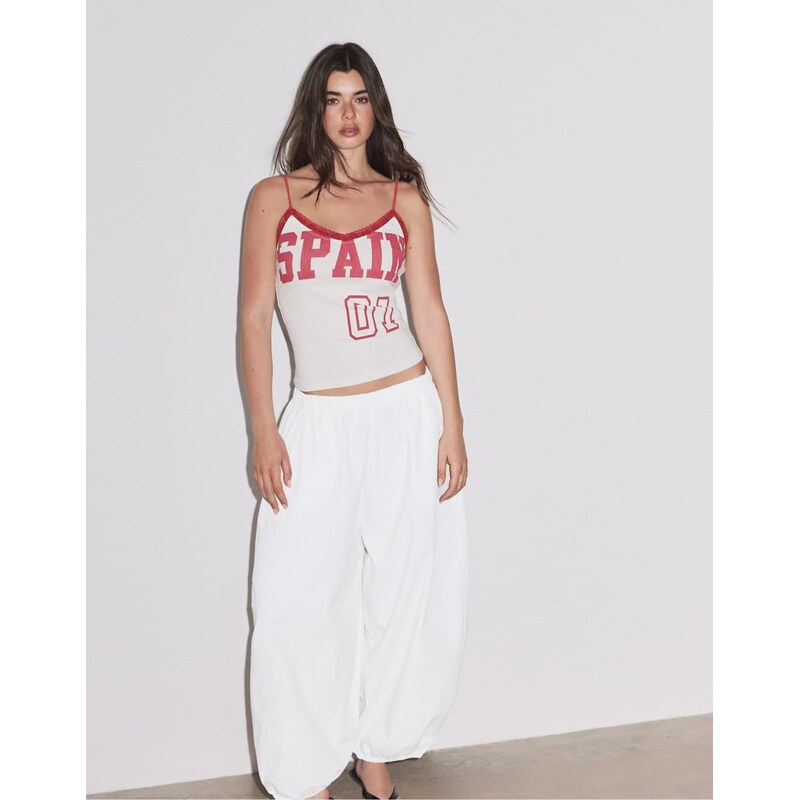 Stradivarius Printed lace trim strappy top in white