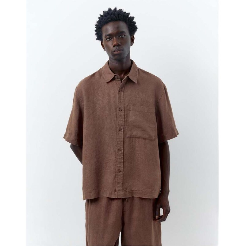 Pull&Bear 100% linen short sleeve shirt in brown