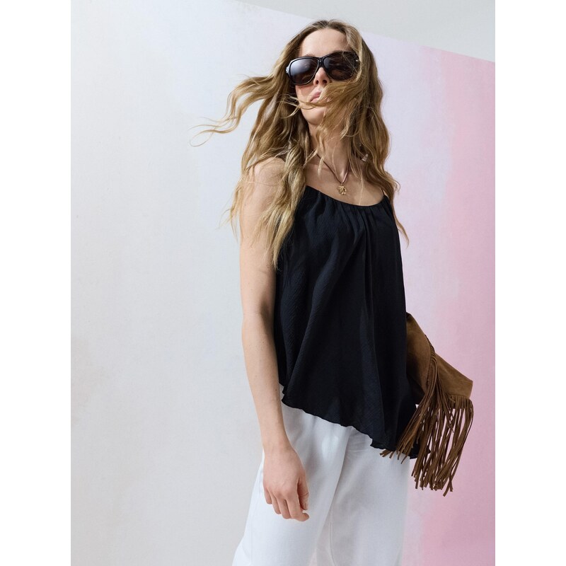 Sinsay - Shirt-style top with asymmetric hem and viscose - černá 115218624